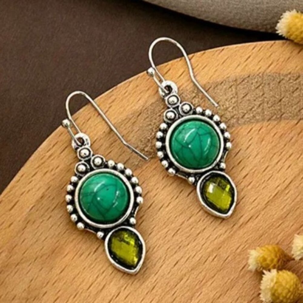 Boho Silver Tone Hook Earrings With Green Stones
